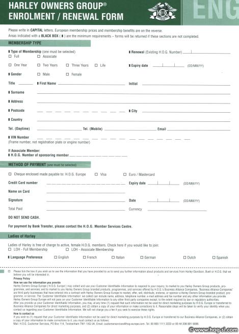 H.O.G. Enrolment/Renewal Form (page 1)